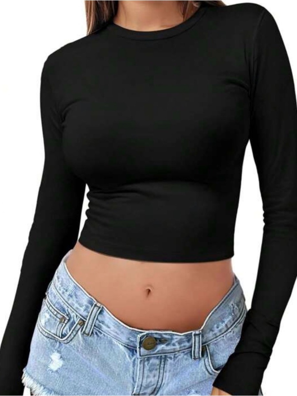 Black Long-Sleeve Crop Top - Women's Casual Basic